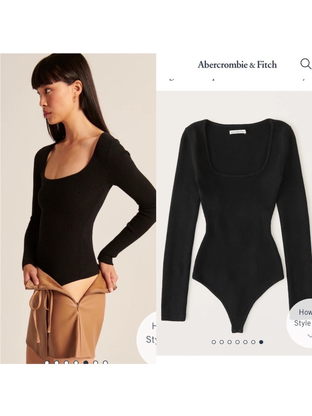 Abercrombie & Fitch Black Ribbed Square-Neck Long Sleeve Bodysuit